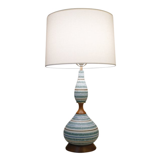 1960s Modern Phil Mar Turquoise Glaze Qourd Art Pottery Ceramic Walnut Table Lamp For Sale