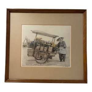 1940s Seiler, Willy. “Mama-San Peddling Flowers” Original Japanese Hand-Colored Etching, Framed