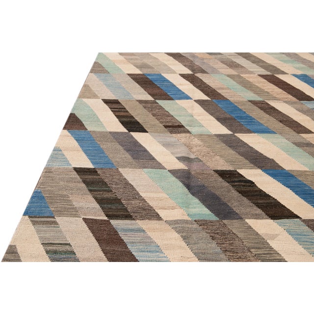 Beige Contemporary Kilim Flatweave Multicolor Geometric Abstract Wool Rug For Sale - Image 8 of 9