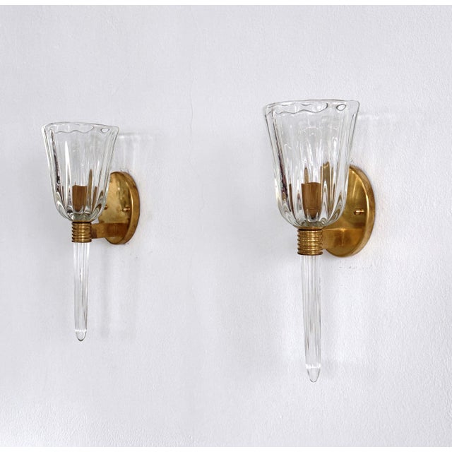 1990s Italian Murano Crystal Glass and Brass Wall Sconces, 1990s, Set of 2 For Sale - Image 5 of 18