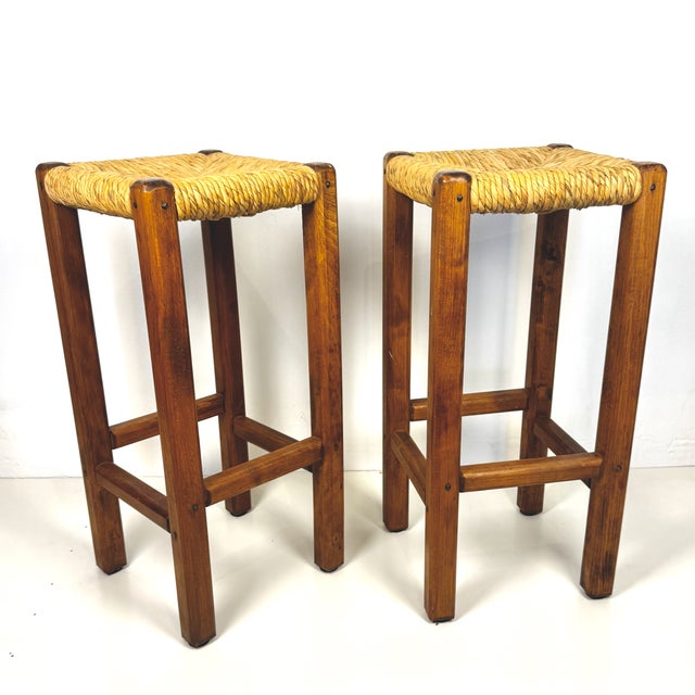 Wood and Straw Bar Stools, Italy, 1980s, Set of 2 For Sale - Image 6 of 8