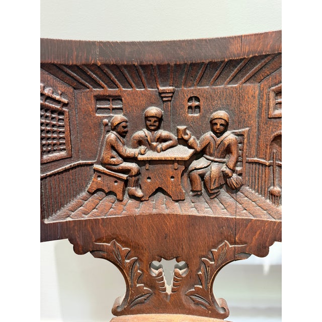 Wood Antique German Black Forest Carved Tiger Oak Drunken Monk Tavern Bench For Sale - Image 7 of 16