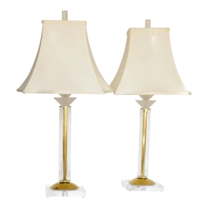 1990s Bauer Lamp Co Fluted Glass Brass Lucite Acrylic Table Lamps - a Pair