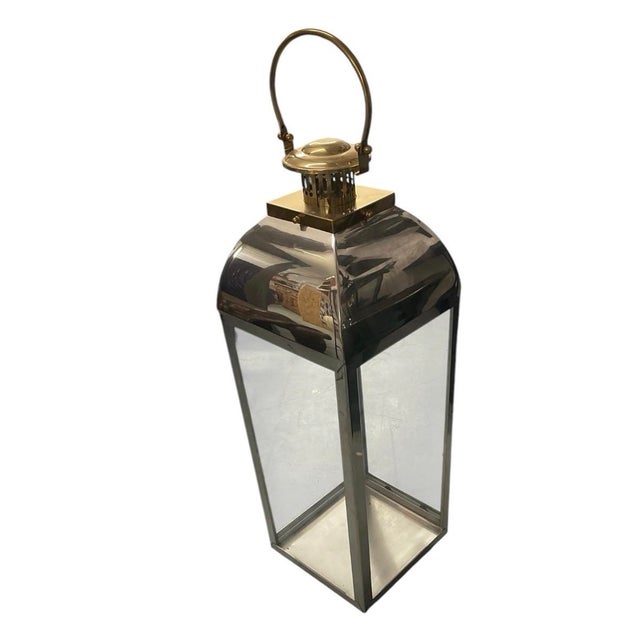 Large Mid-Century Modern Polished Stainless Steel and Brass Floor Lantern For Sale - Image 4 of 12