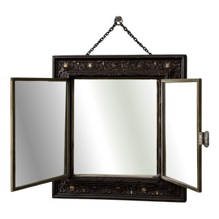 Vintage Folding Triptych Mirror Cabinet with Patinated Glass, 1940s For Sale