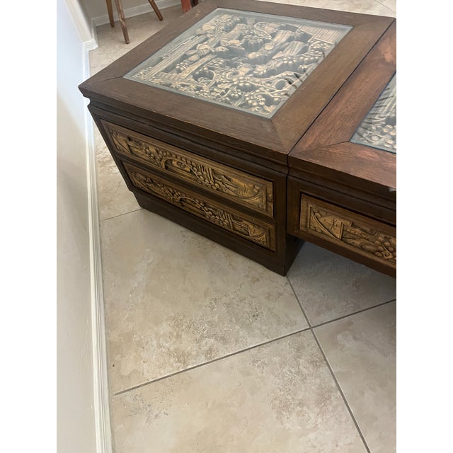 Vintage South East Asian Hand-Carved Five-Drawer Coffee Table With 3 Piece Glass Top Insets For Sale - Image 9 of 12