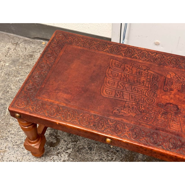 1950s Chavín Culture Peruvian Tooled Leather Table Bench For Sale - Image 5 of 12