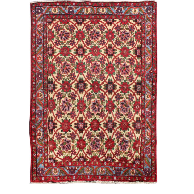 Semi Antique Persian Malayer Rug With Floral Pattern in Rich Red, Yellow Tones For Sale