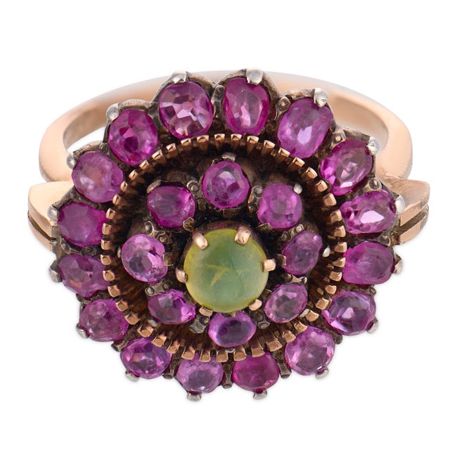 Victorian Late 19th Century Victorian Cats Eye Chrysoberyl Ruby Low Karat Gold and Silver Halo Ring, Size 6.5 For Sale - Image 3 of 6