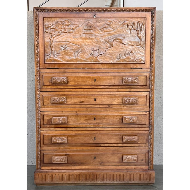 Spanish Fall-Front Secretary Desk in Carved Oak, Spain, circa 1950 For Sale - Image 16 of 18