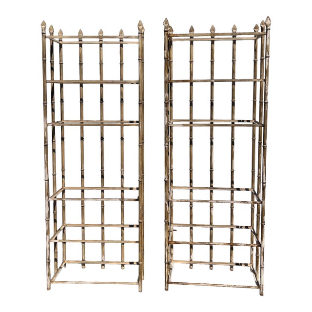1970s Pair of Hollywood Regency Style Faux Bamboo Iron Etageres For Sale