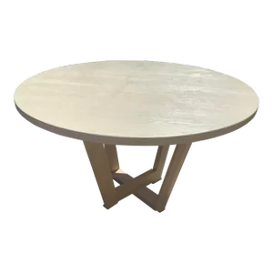 1990s Modern Round Solid Oak Dining Table with White Cerused Finish