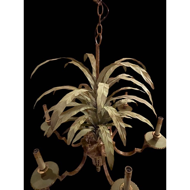 Large Currey & Co Tole Leaf Hollywood Regency Six Light Chandelier (2 Available) For Sale - Image 6 of 9