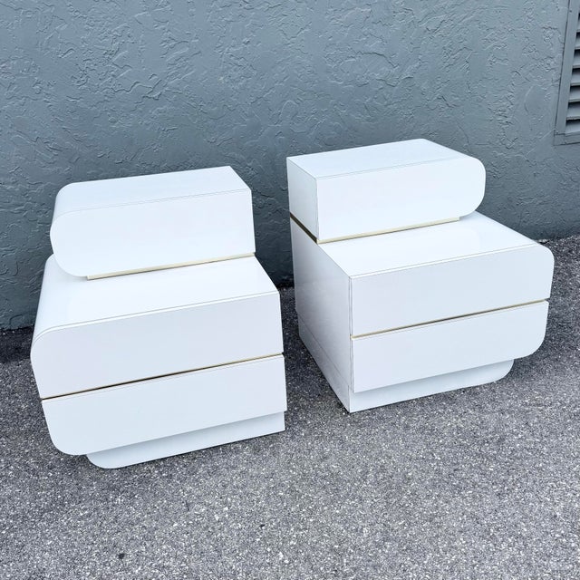 Postmodern Galactic White Gloss Laminate Waterfall Nightstands - A Pair For Sale - Image 4 of 11