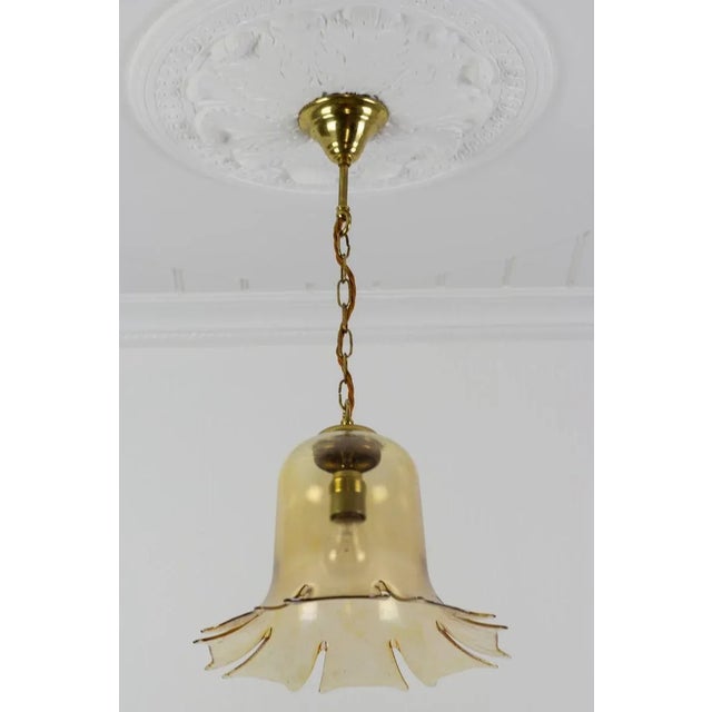 Gold Vintage Bell-Shaped Glass and Brass Pendant Lamp For Sale - Image 8 of 17