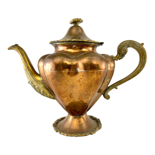 Vintage French Style Copper Teapot With Brass Handle & Hinged Lid For Sale