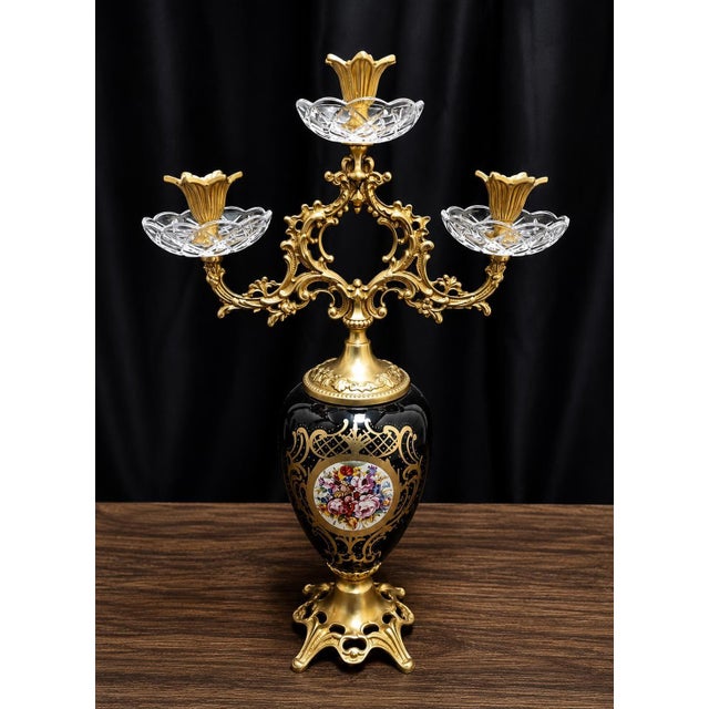 1960s 1960s French Rococo Candelabra Ornate Brass & Crystal Candle Holder 19"H For Sale - Image 5 of 6