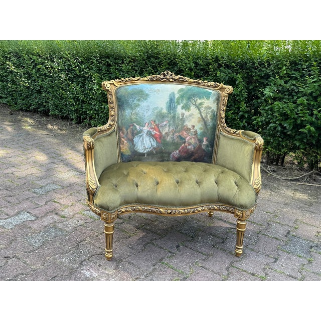 1960s Artisan Louis XVI Gold Beech Green Velvet Settee-1 Pc For Sale - Image 6 of 12