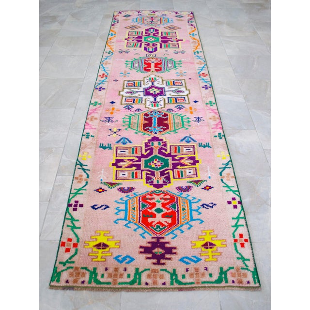 1970s Runner Rug Turkish Hand-Knotted Rug Pink Hallway Decor Kitchen Runner 3x10 Ft Approx For Sale - Image 14 of 18