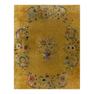 1920s Yellow Saffron Floral Vase Antique Chinese Art Deco Carpet 8'8" X 11'4" Knotted Wool Rug For Sale