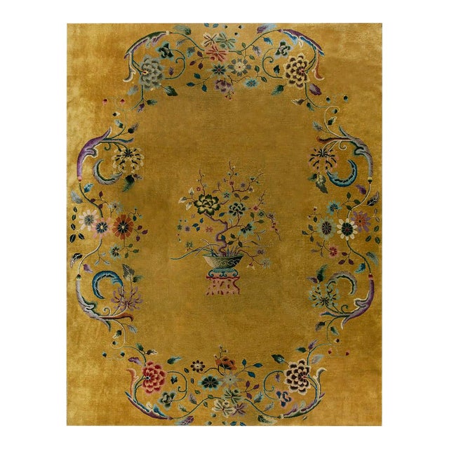 1920s Yellow Saffron Floral Vase Antique Chinese Art Deco Carpet 8'8" X 11'4" Knotted Wool Rug For Sale