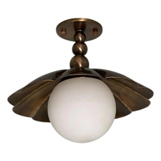 Handcrafted Brass Flush Mount Ceiling Light Vintage Mid-Century Style Light Fixture With Frosted Globe For Sale