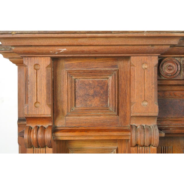 Early 20th Century Antique Victorian Burl Veneer Paneled Oak Fireplace Mantel For Sale - Image 5 of 16