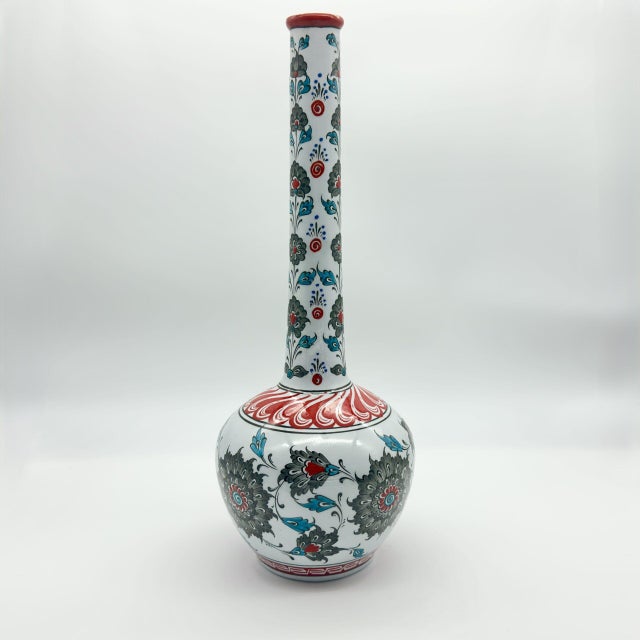 Handmade Ceramic Long Neck Vase (25cm) – Grey Lotus & Red Shoulder – Elegant Bottle Form For Sale - Image 6 of 8