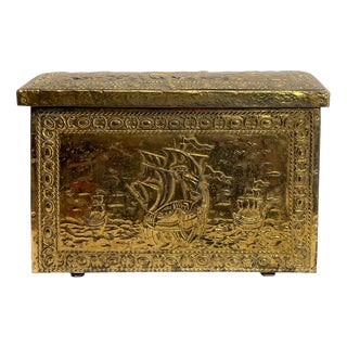 Ornament Embossed Brass Log Box with Nautical Scene, 1920s For Sale