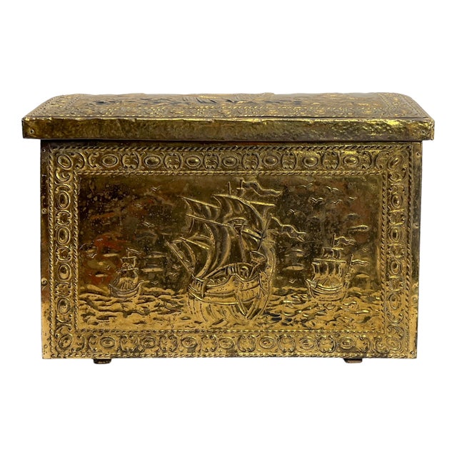 Ornament Embossed Brass Log Box with Nautical Scene, 1920s For Sale