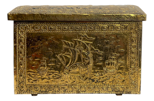 Ornament Embossed Brass Log Box with Nautical Scene, 1920s
