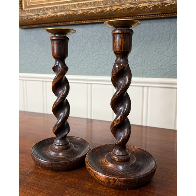 Antique English Barley Twist Candlesticks Candle Holders Oak Pair 10.5" Tall For Sale - Image 17 of 17