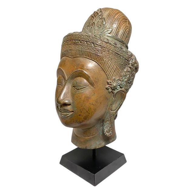 Thai Bronze Buddha Head Statue Vintage Ayutthaya Style Bust Sculpture Decor For Sale - Image 13 of 18