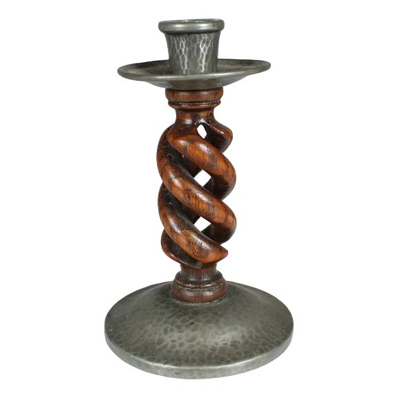 Antique Candlestick in Pewter and Oak from Tudric, 1905 For Sale