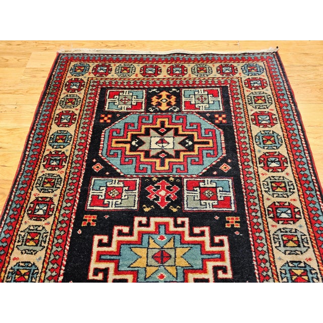 Vintage Persian Kurdish Area Rug, Handwoven Geometric Pattern, Navy & Tan, 3’ X 5’ For Sale In Chicago - Image 6 of 12