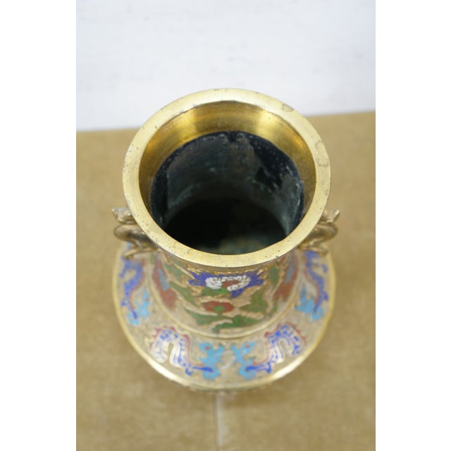 Antique Japanese Bronze Champleve Cloisonne Enamel Dragon Mantel Vase Urn 12" For Sale - Image 4 of 17