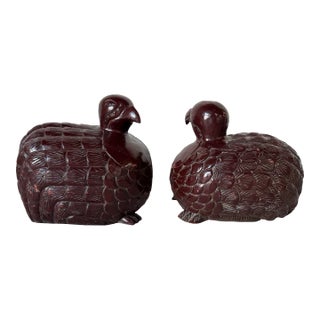 Vintage Huge-Japanese Hand-Carved Red Lacquered Quail Sculptures – A Pair For Sale