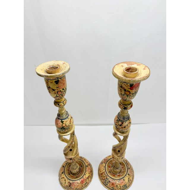 Pair of Antique Hand-Painted Kashmiri Spindle-Twist Candlesticks For Sale - Image 9 of 9
