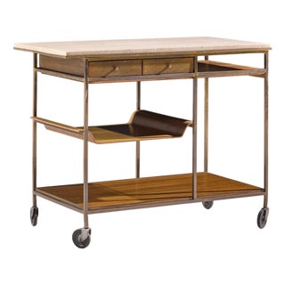 Paul McCobb for Calvin Irwin Collection Mid Century Travertine, Brass and Mahogany Bar Cart For Sale
