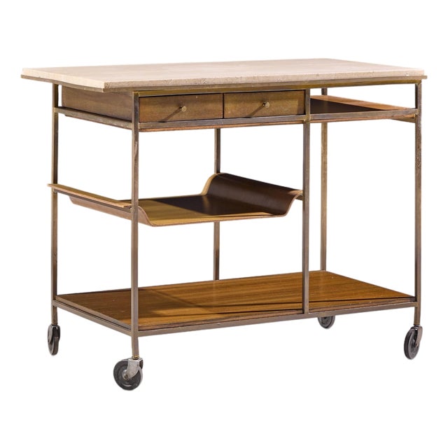 Paul McCobb for Calvin Irwin Collection Mid Century Travertine, Brass and Mahogany Bar Cart For Sale