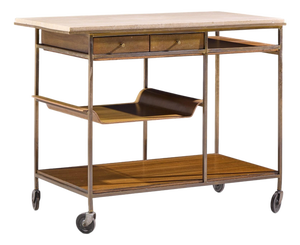 Paul McCobb for Calvin Irwin Collection Mid Century Travertine, Brass and Mahogany Bar Cart