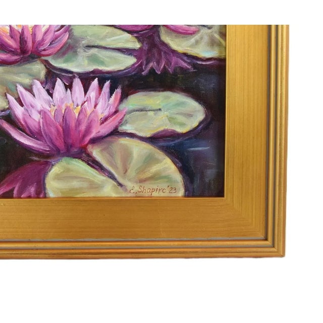 Contemporary impressionist beautiful pond of blooming pink and lavender water lilies oil painting on stretched artist...