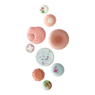 Mid Century Blush Pink & White Decorative Wall Plate Curation - Set of 9 For Sale