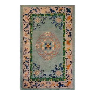 1920s Sky Blue Floral Medallion Antique Chinese Art Deco Rug 3'7" X 5'4" Handknotted Wool Carpet For Sale