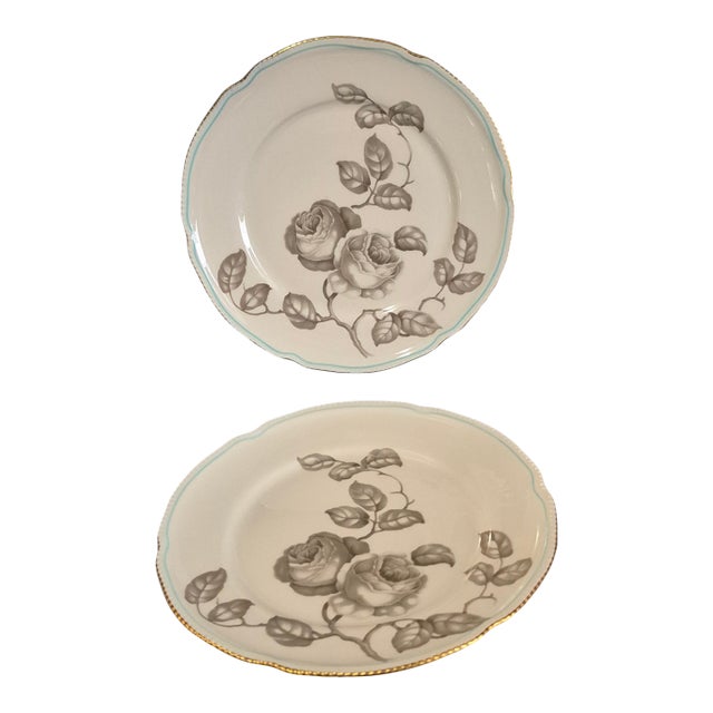 Mid 20th Century A Pair of Luncheon Plates Castleton Gloria Porcelain Taupe Roses Blue Band 22Kt Gold Trim For Sale