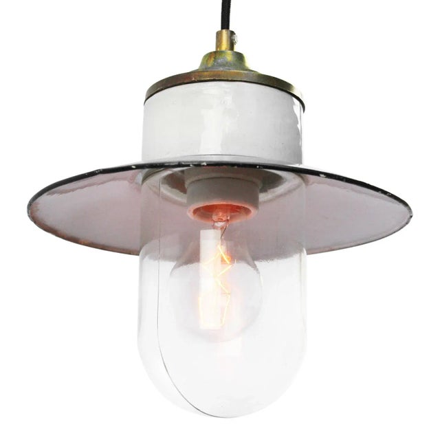 Porcelain Industrial hanging lamp. White porcelain, brass and clear glass. White enamel shade 2 conductors, no ground. Up...