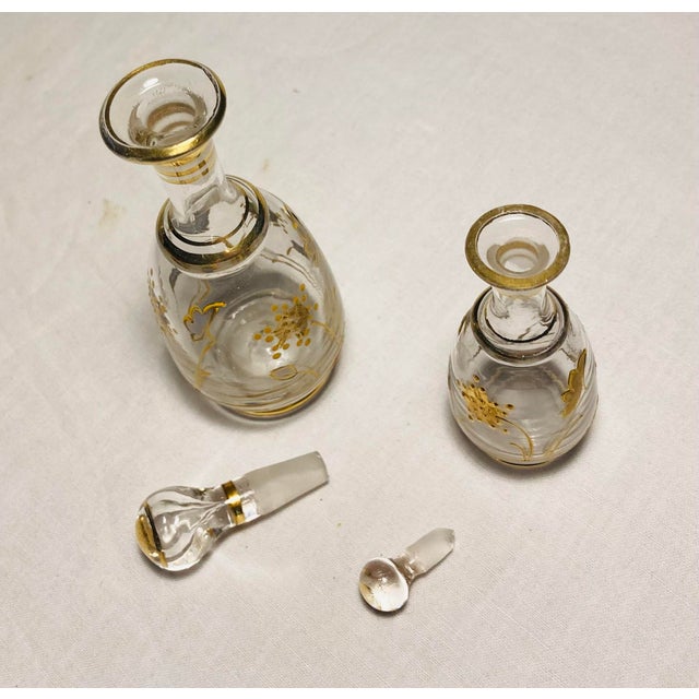 1920s Antique Blown Glass Perfume Bottles With Enamel Painting One Large One Small With Stoppers For Sale - Image 5 of 8