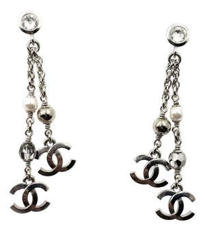 Chanel Brand New Silver Round Crystal Silver Bead Pearl CC Dangle Earrings, A Pair