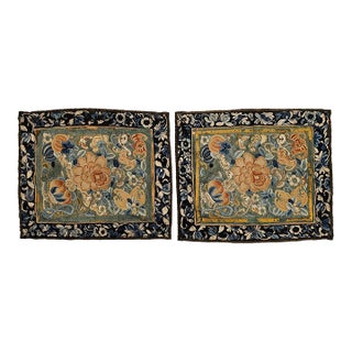 Pair of 19th Century Chinese Silk Hand Embroidery Panels of Flowers, Bats, Moths For Sale
