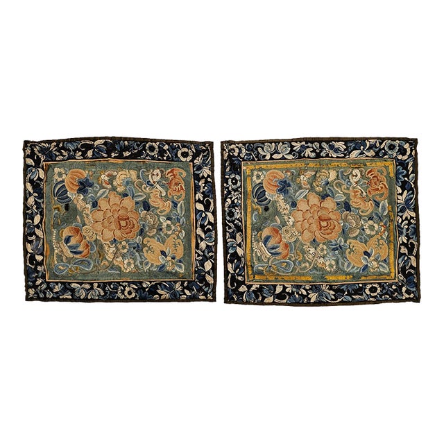 Pair of 19th Century Chinese Silk Hand Embroidery Panels of Flowers, Bats, Moths For Sale